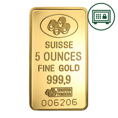 A picture of a 5 oz Gold Bar- PAMP Suisse Lady Fortuna (w/ Assay) - Secure Storage